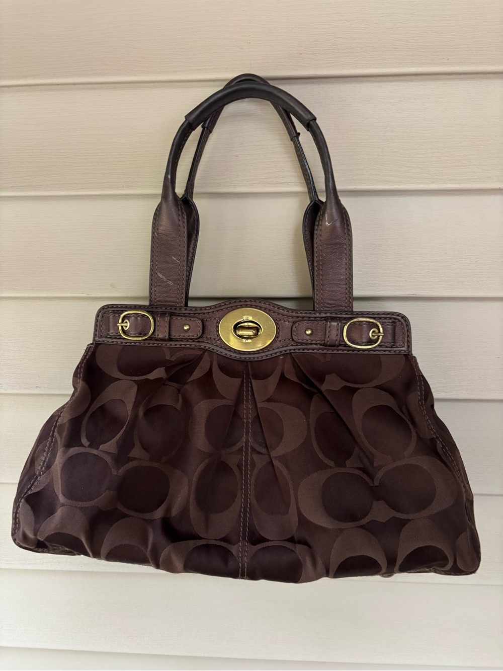 VINTAGE Coach Brown Logo Satchel Top Handle Turn Lock Zip Gold Hardware Purple L